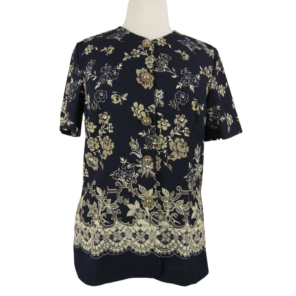 Leslie Fay Button Front Career Blouse Round Neck Short Sleeve Floral Size 16